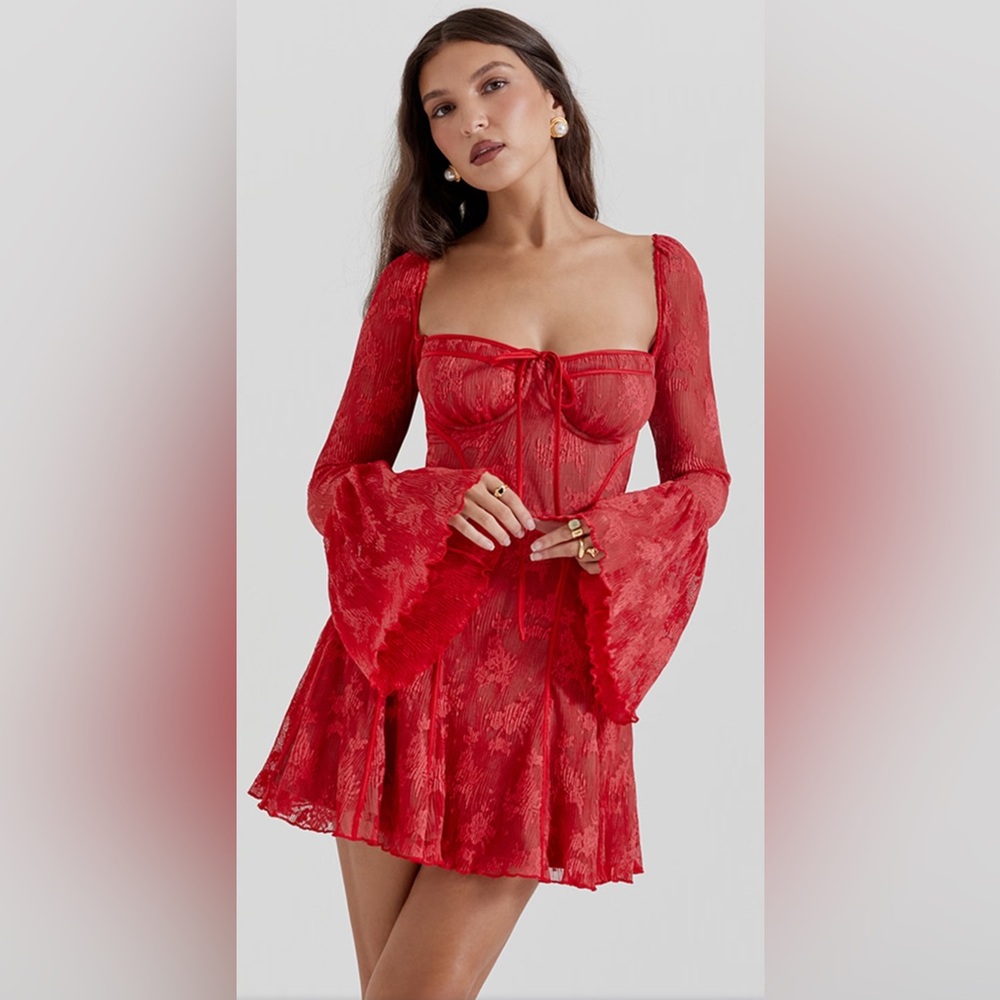 House of CB Red Lace Long-Sleeve Mini Dress
